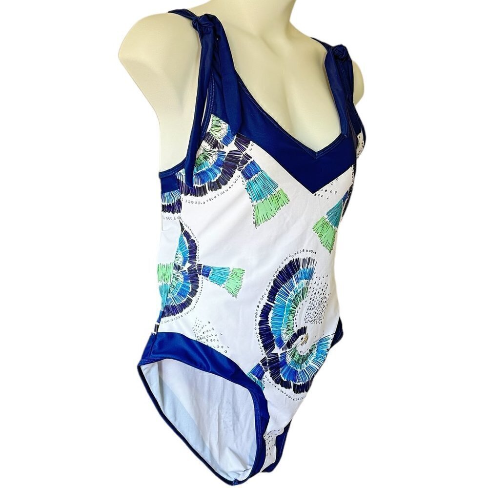 Noracora One Piece NEW WITH TAGS V-Neck Bird Print White has Royal Blue Trim XXL - Picture 4 of 14